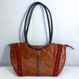 Renzo Costa Peruvian Leather Shoulder Bag Cognac Brown Woven Textiles Accents